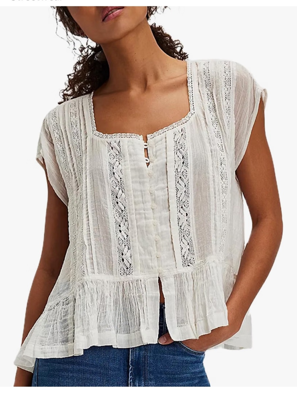 Women's White Textured Button Front Ruffle Top - Picture 6 of 6